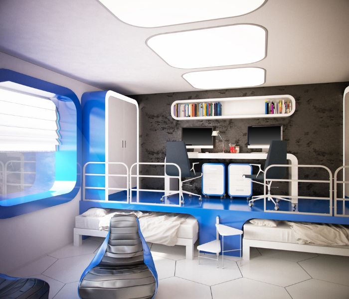 blue and silver space theme room